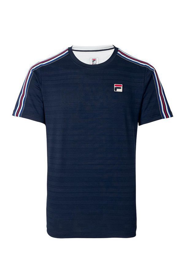 Fila Heritage Tennis Striped Men's Tops - Navy/White/Red,NZ 65-73195